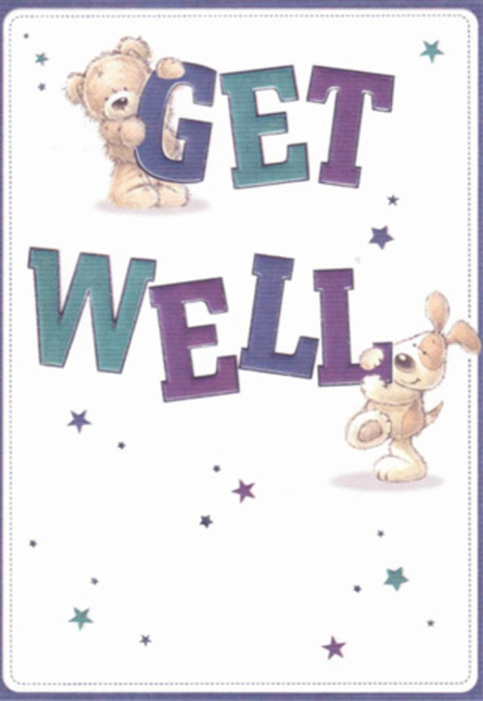 In this vibrant get well card, a narrative of encouragement unfolds through the joyful meeting of a plush bear and a floppy-eared puppy, their playful interaction shining with the kind of uplifting spirit you might notice among friends near Bromley's Glades Shopping Centre. Surrounding them, sparkling stars in dusky purples and bright teals float in the air, as if sharing good wishes that gently land on anyone in need of comfort. The typography is bold and expansive, hand-shaded for dimension, and stands out against a creamy-white backdrop, reminiscent of a tender bouquet displayed in a Bromley home after a cheerful market morning. The bear's almost tangible softness and the puppy's velvety ears are rendered so vividly, one can imagine a gentle touch, each stroke reminiscent of arranging petals for a get well order. The card conjures warmth and sincerity through every curve and hue-building an atmosphere of gentle ease and hope-much as a thoughtfully crafted bouquet from a local florist does when delivered to a recovering neighbour. This illustrated scene encapsulates the uplifting, airy energy needed to support a loved one, especially in the friendly, caring environment Bromley offers.